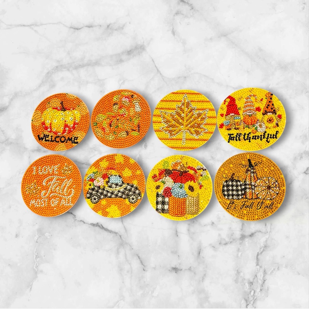 Fall Y'all Coaster Set 8 Hand Crafted & Sealed Diamond Art 4”